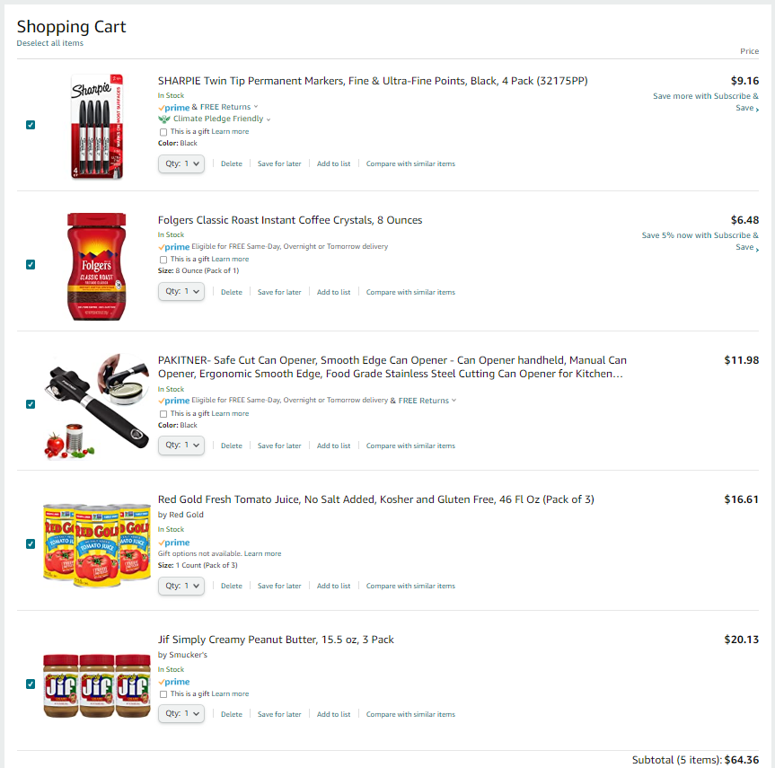 amazon shopping cart total