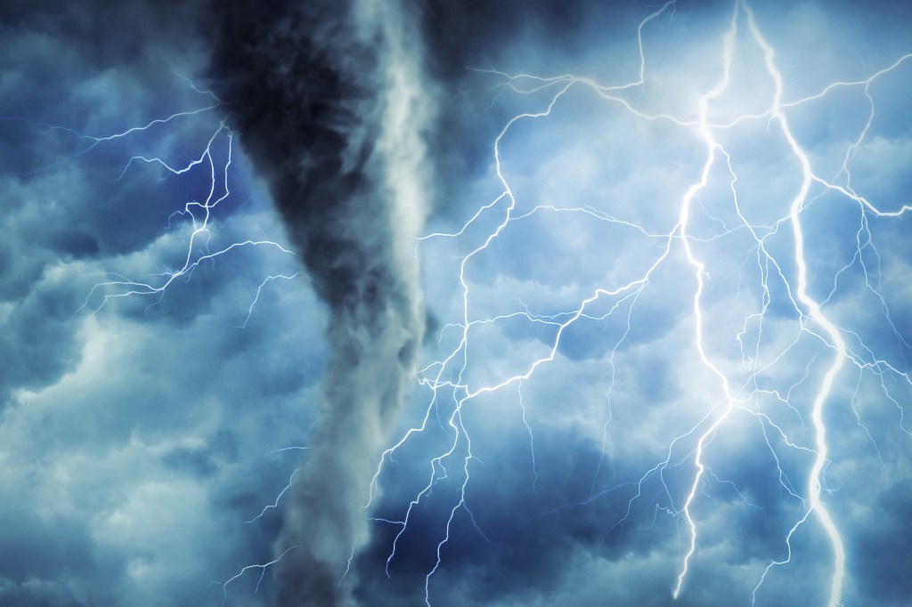 Hazards to prepare for: Lightning thunderstorm flash over the night sky. Hurricane, typhoon, tornado, storm.