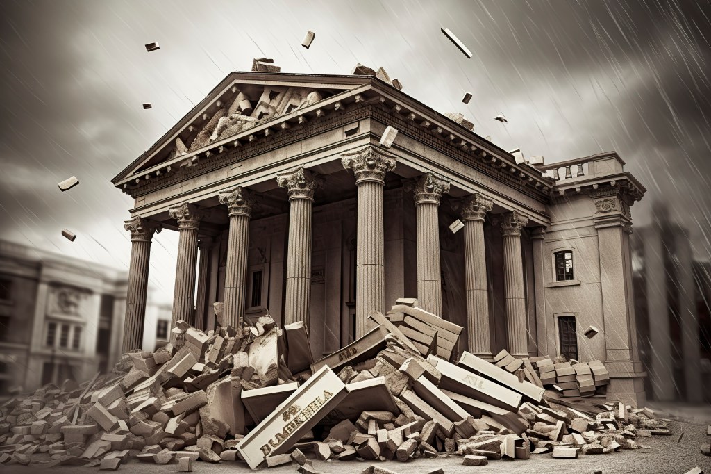A bank or financial institution, going down failing or collapsing.