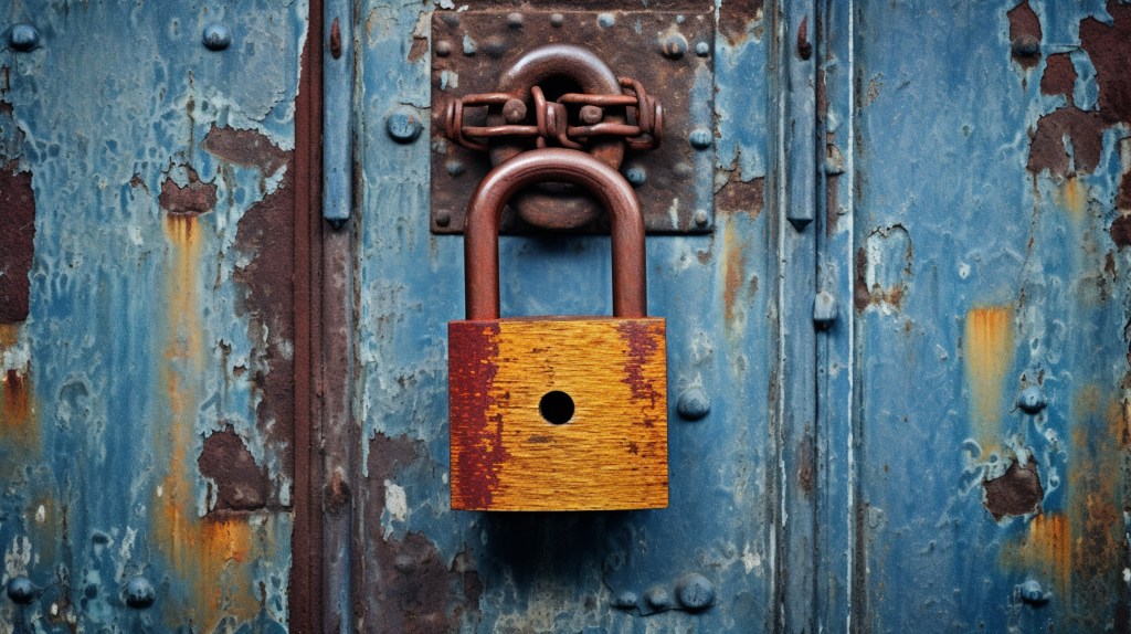 Rusty lock on a weathered door.
