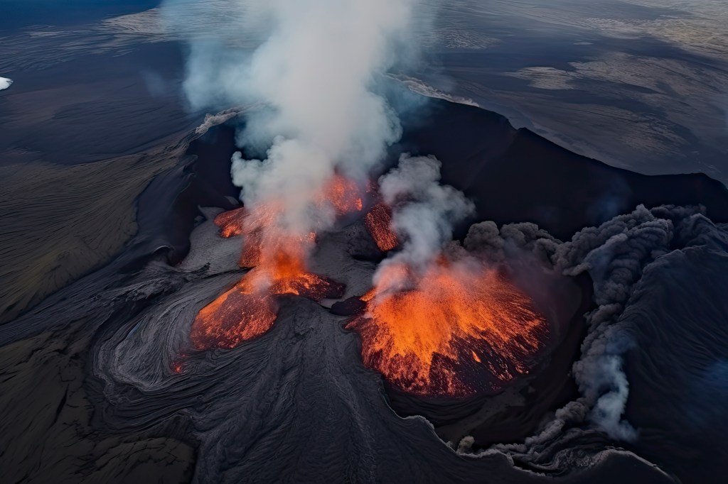 Volcano eruption in Iceland aerial view.