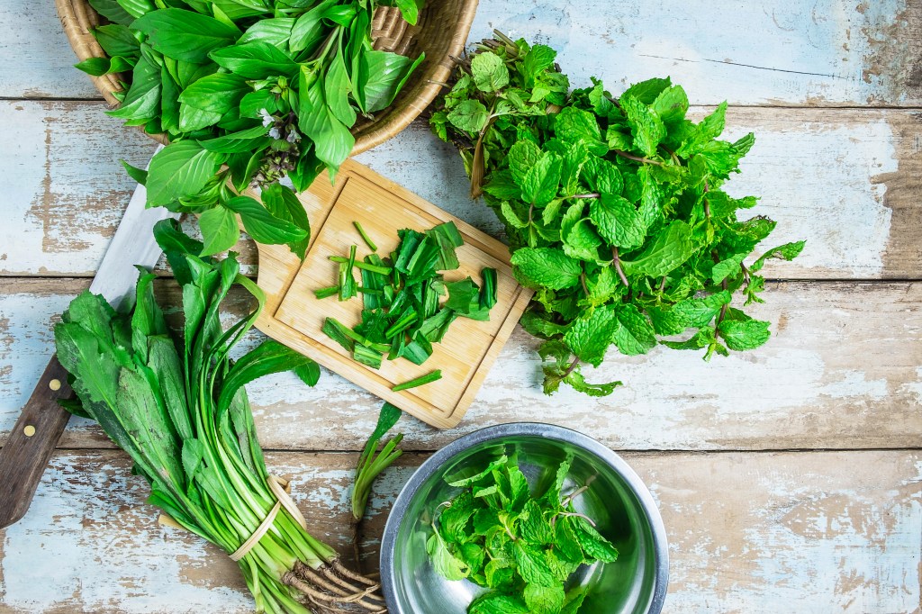 Top view of fresh kitchen herbs.